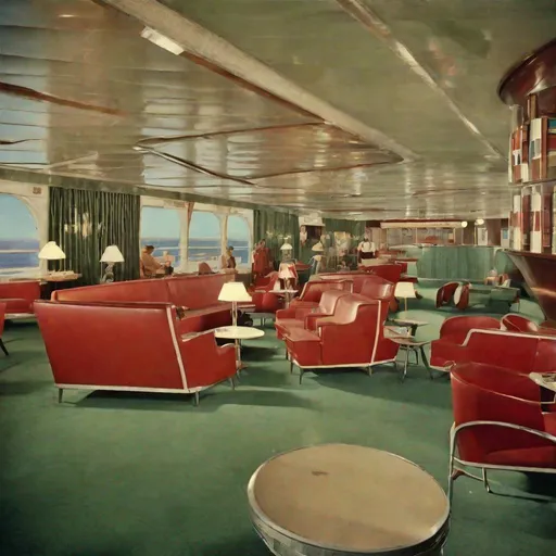 Prompt: 1950s Ocean liner lounge, SS America, SS United States. Vintage modern
