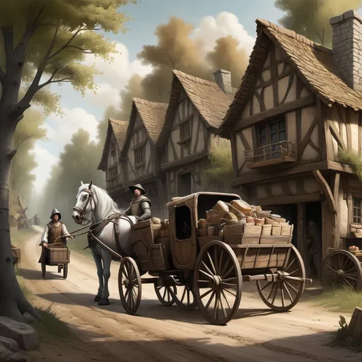 Prompt: A Medieval traveling sales man with a cart drawn carriage shop, on the side of a dirt road through a rustic Forrest.