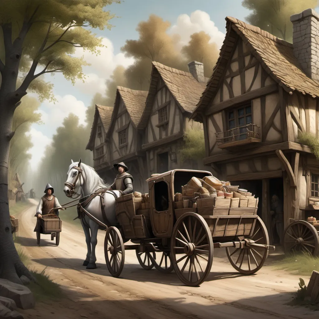 Prompt: A Medieval traveling sales man with a cart drawn carriage shop, on the side of a dirt road through a rustic Forrest.