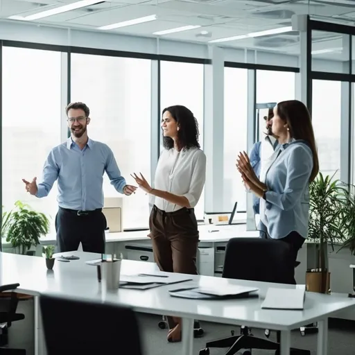 Prompt: People in an office depicting of company visionaries. 