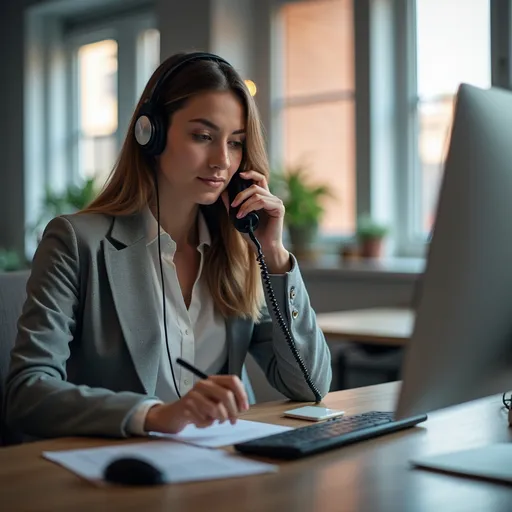 Prompt: A person answering customer phone calls sitting in an office