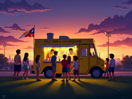 Prompt: As the sun sets in a vibrant gradient of purples and oranges, a bustling scene unfolds around a bright yellow food truck named "Texas Snow and Concessions," illuminated with twinkling lights. A group of eager children and teens stands in front of the truck, animatedly discussing their choices while a worker inside, dressed in a bright yellow apron, prepares orders. The grassy area is dotted with small shadows from spectators enjoying the evening, with silhouettes of nearby sports lights and distant buildings against the twilight sky. A colorful flag flutters nearby, adding to the festive atmosphere that captures a moment of joy and anticipation for sweet treats on a warm evening.