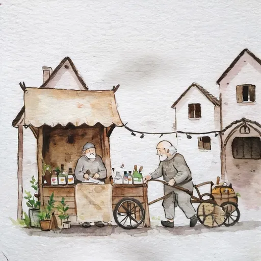 Prompt: an old man peddling items for sale in a medieval setting, next to his tarp covered booth in a small town.