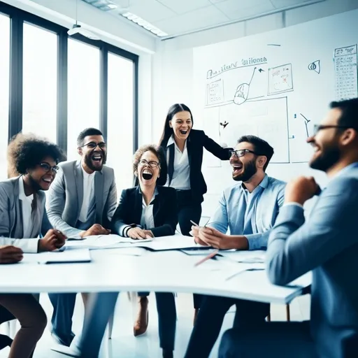 Prompt: People in an office planning out the vision of the future of their company, they are all exited and laughing.