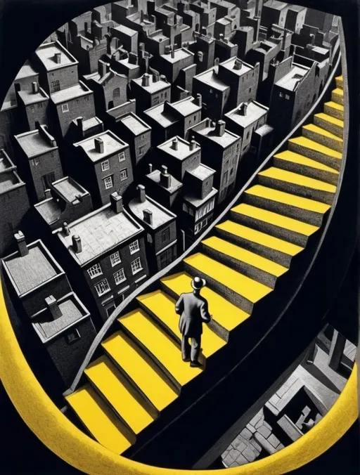 Prompt: key hole make from mc escher graphic stairs from ground to sky setting london in 1935 without text at night dark navy contrast with yellow, man walk upside down world bird eye view many stairs