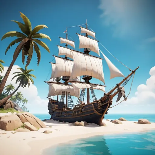 Prompt: Sailing ship like in the computer game sea of thieves, beach, white sand, palm trees, blue sky 