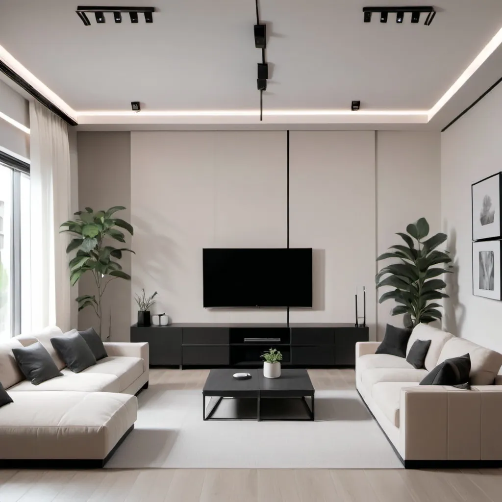 Prompt: Minimal living room. Use cream color. Use some plants. Add lights. Minimal sofa set and black carpet. Use modern tv wall with tv on it. there is windows and curtain on it. Light has cross the window.