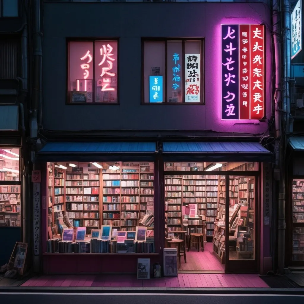 Prompt: I want a picture of a bookstore front in Tokyo Japan in a realistic way like a street photography picture and I want it to be in night time with neon signs and with hues of blue and red also pink and purple and a person on the second floor balcony 