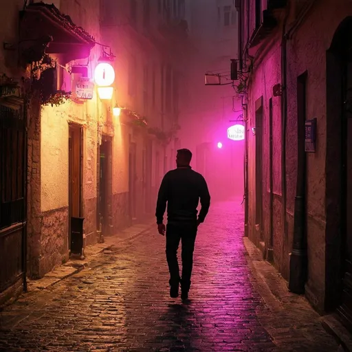 Prompt: I want a picture of a guy walking on and alley in Italy on a foggy night near a cafe with pink neon sign 