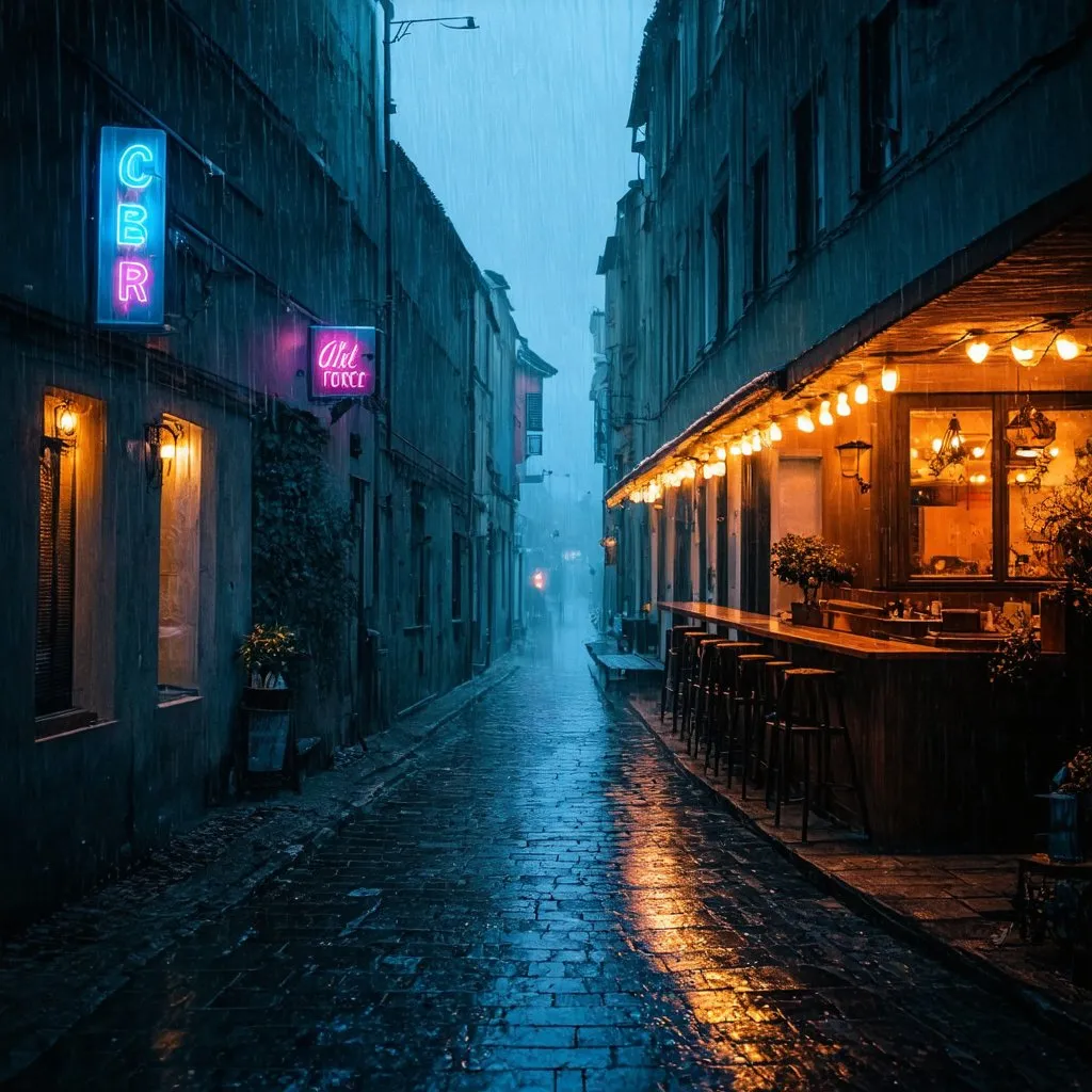 Prompt: I want a picture on an alley in Italy in a rainy foggy night and with a bar with blue and pink neon signs and also two windows of apartments 