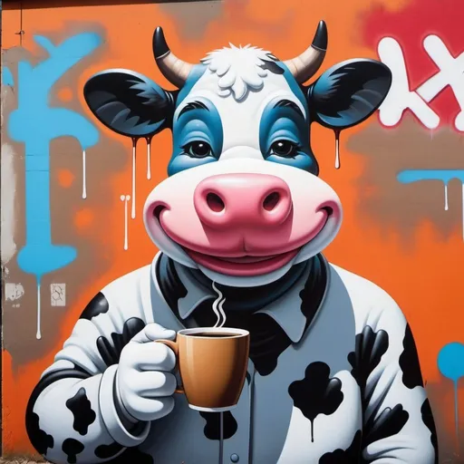 Prompt: A smiling cow with a coffee cup, modern graffiti style, KAWS