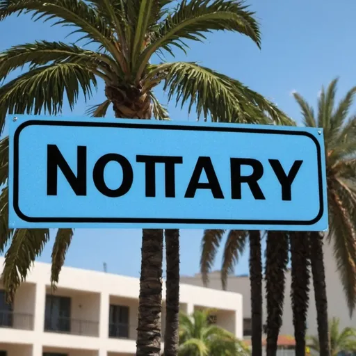 Prompt: Blue sign that has the words "Notary" and a black stamp, with a palm tree in the background
