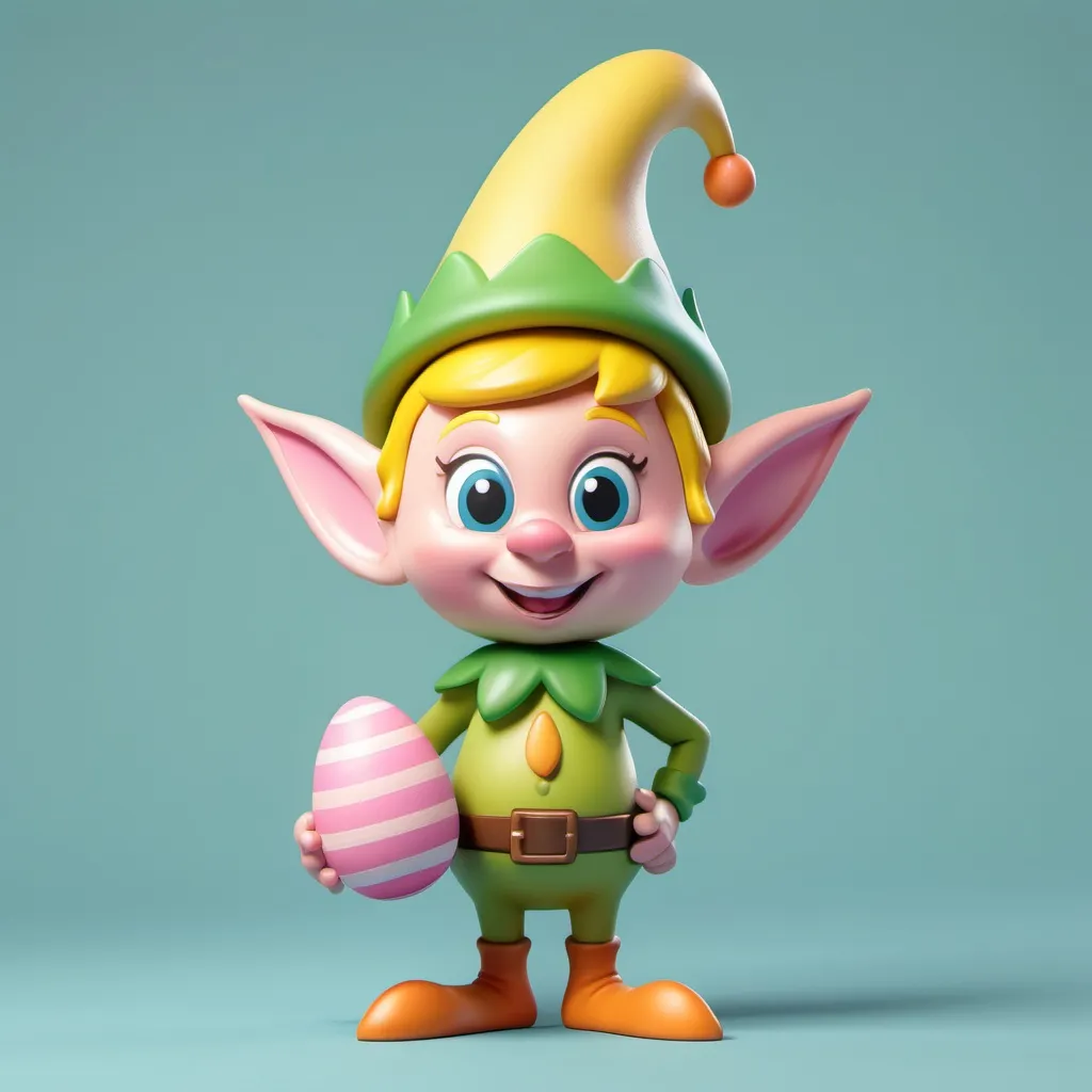 Prompt: A simple Easter elf with pointed ears, holding a large Easter egg. The elf has a cheerful expression, a small hat, and is designed with smooth shapes for 3D printing. Limit colors to pastel yellow, green, pink, and blue