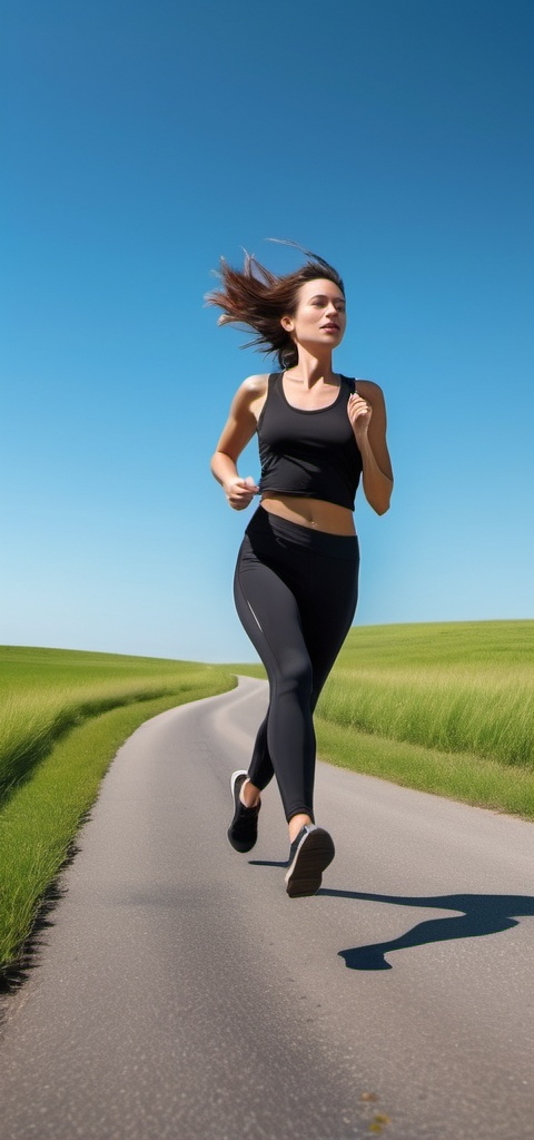 Prompt: (superflat image), woman running down a road, black top and leggings, serene blue sky background, vibrant green grass, dynamic motion, high energy, capturing freedom, clean lines, minimalist aesthetic, natural light, photorealistic, stock photo quality, full of life, inspiring movement, HD, ultra-detailed.