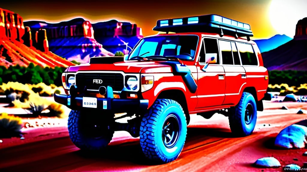 Prompt: Hyper-realistic image of heavily modified red 1985 Land Cruiser FJ60, rock crawling in red rock canyon at dark Arizona sunset, using above-windshield lightbar, best quality, hyper-realistic, 1080p, dark Arizona sunset, red rock canyon, heavily modified, rock crawling, above-windshield lightbar, rough terrain, detailed car body, realistic lighting, intense shadows