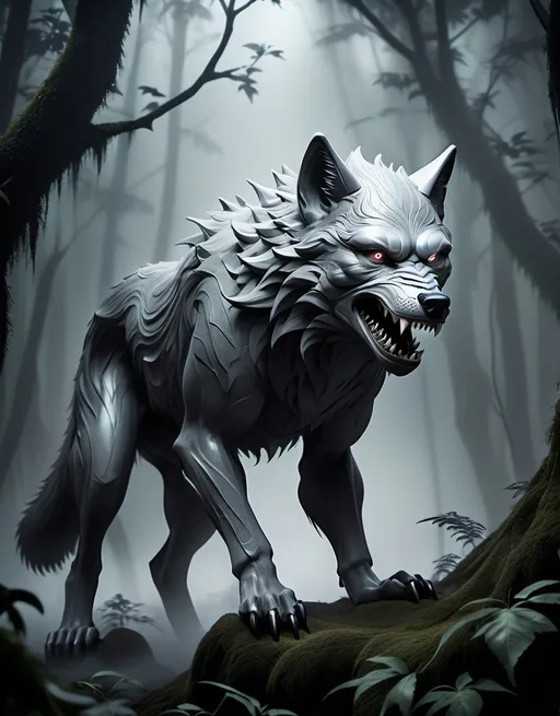 Prompt: Hybird Of Wolf With Shark Tail And Fangs And Monkey Hands