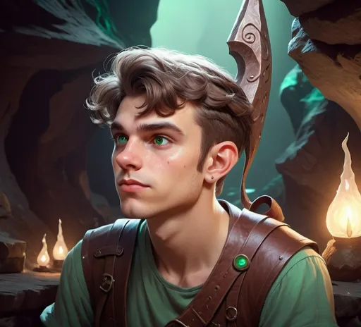 Prompt: (dungeons and dragons fantasy art), late teens artificer in an underground cavern, brown wavy hair, green eyes, (highly-detailed), showcasing the enchanting ambiance of creativity and wonder, (magic and adventure), (4K).