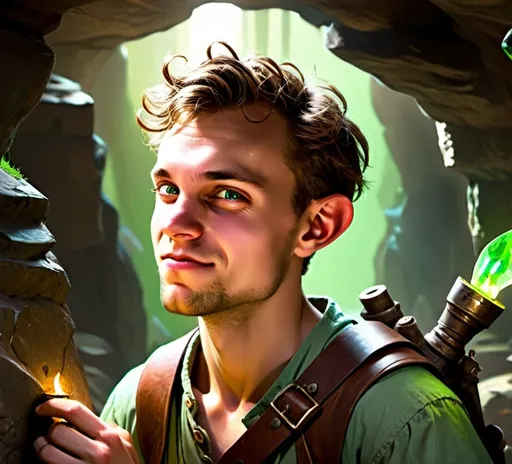 Prompt: (dungeons and dragons fantasy art), late teens, satyr artificer in an underground cavern, brown wavy hair, green eyes, (highly-detailed), showcasing the enchanting ambiance of creativity and wonder, (magic and adventure), (4K).