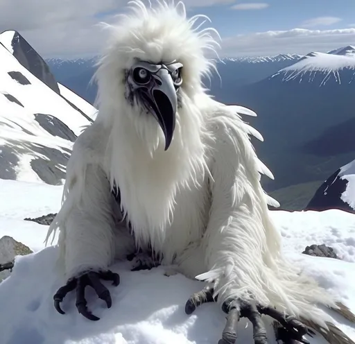 Prompt: 
photograph of a thin 20 foot tall humanoid creature with a long white flowing yeti robe and a white long beak eagle mask, long white beak, long flowing plumage, eating dead mice, on a snow-covered a siberian mountain, eating dead mice, dead pile of mice, dead mice, grainy webcam footage, photorealistic, horror, desolate, eerie, frigid, analog, realism, analog horror, low budget special effects, practical effects, arctic, cryptozoology --ar 16:9 --v 5.2