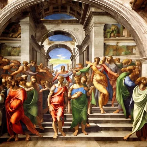 Prompt: michelangelo
perspective
buon fresco
colour 
naturalism painting
people wearing toga