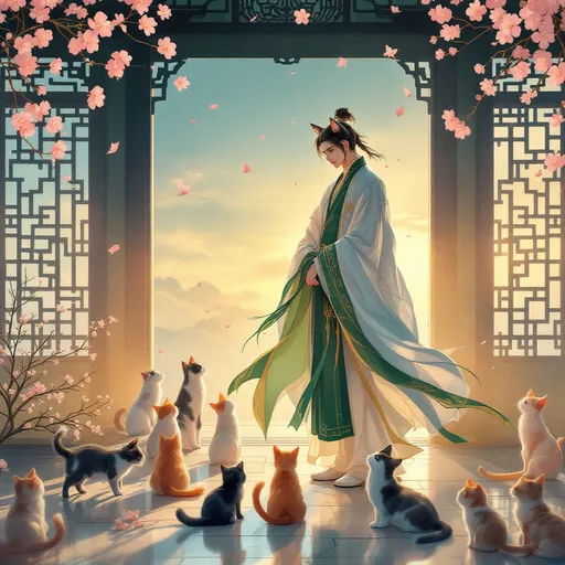 Prompt: Male human with cat ears wearing ancient chinese imperial guards clothes in white and green colour, is standing in a palace surrounded by cats 