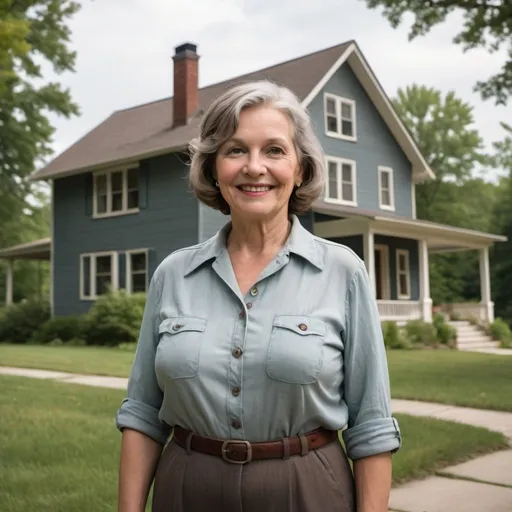 Prompt: A 60 year old woman, nicely dressed in a casual, contemporary modern style, standing in front of a 1930s style home in urban Appalachia. The woman is looking at the camera, and is smiling. The landscape is a tidy, well kept landscape. It should be photo-realistic.
