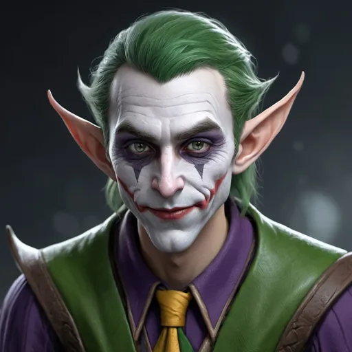 Prompt: 
An elf in the style of Blizzard, inspired by the appearance of the Joker from the Batman movie. I want him to look like a real elf, with unique facial features and a costume that combines the Joker's attributes with those of an elven hunter, to maintain the character's atmosphere.