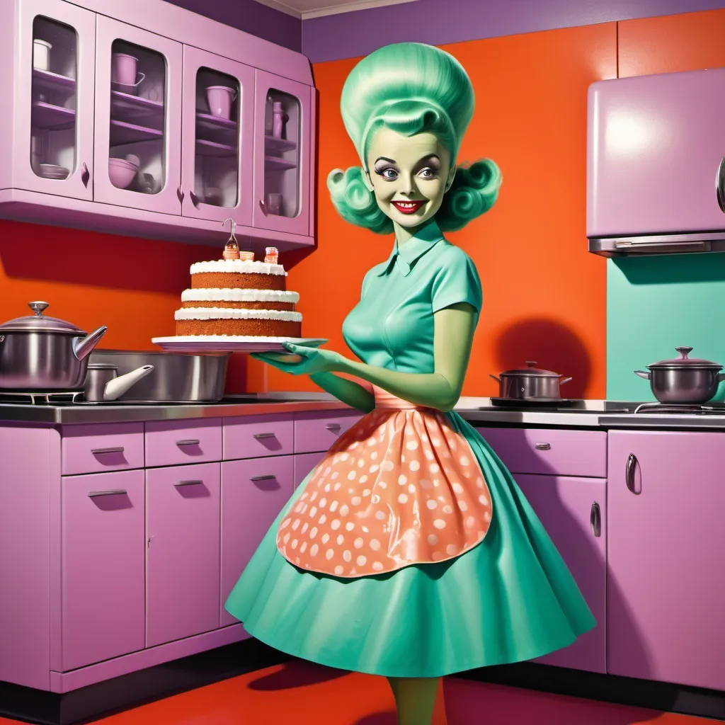 Prompt: advertisement style poster of retro futurism with a smiling green skin alien 50s housewife with big eyes in an atomic style kitchen with a red puddle on the floor. The alien is in a lavender dress and the colour scheme of kitchen is orange and teal. She's holding a cake that has a hand coming out of it and she has a 60s beehive hair style