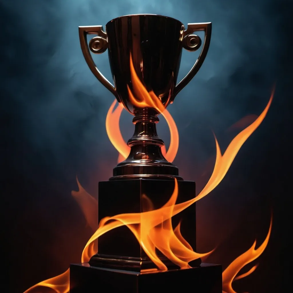 Prompt: Abstract image with dark firey background picking a trophy

