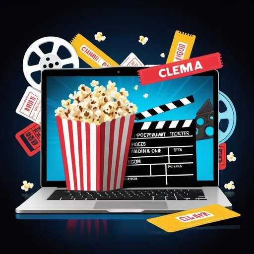 Prompt: A visually striking digital illustration featuring various elements related to movies and online streaming. The composition includes film reels, clapperboards, popcorn, tickets, and a laptop or tablet displaying a video player interface. The color scheme is vibrant and eye-catching, with blue, red, and yellow hues predominating. The overall style is modern, sleek, and tech-inspired, with clean lines and geometric shapes. The illustration conveys a sense of entertainment, innovation, and the merging of traditional cinema with digital platforms.
Key points:

Focus on combining traditional movie elements with digital/online components
Use a bold, vibrant color scheme that will stand out
Aim for a sleek, modern, tech-inspired aesthetic
Include recognizable symbols of both cinema (reels, clapperboards, popcorn, tickets) and streaming (laptop/tablet, video player UI)
The image should evoke feelings of entertainment, innovation, and the evolution of movies in the digital age