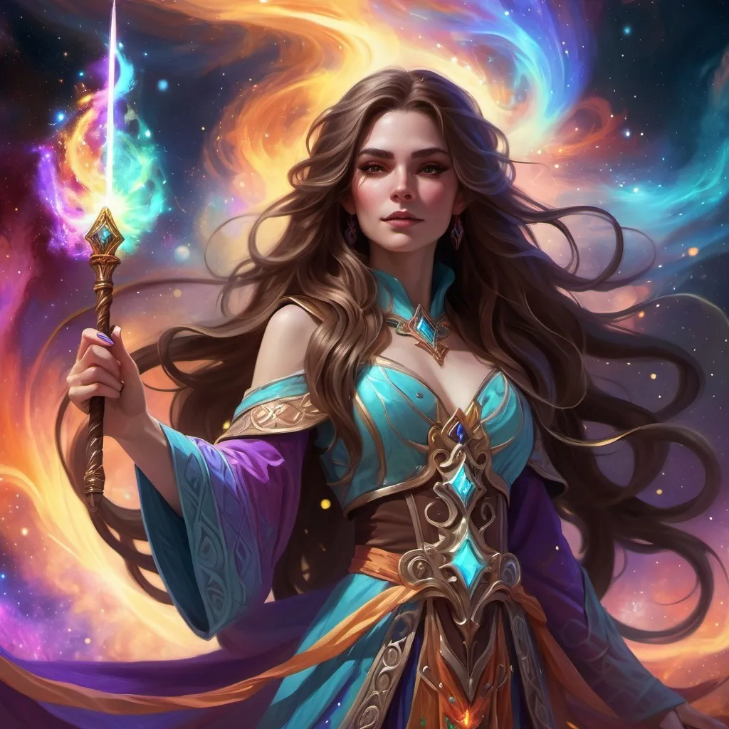 Prompt: A female mage in the middle of colourful Nebulas, shining bright, wearing long elaborate clothes and holding a long carved wand and having long wavy brown hair