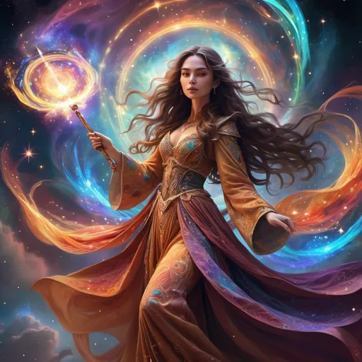 Prompt: A female mage is flying within light and  in the middle of colourful Nebulas, shining bright, wearing long elaborate clothes and holding a very long carved wand and having long wavy brown hair, long elaborate dress full with embroidery