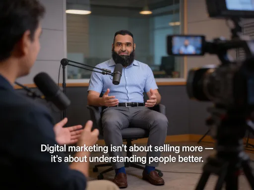 Prompt: @sz16EUHwdJwwoIe8CvWL A professional studio interview scene. 
A confident South Asian male digital marketing expert sitting in a modern podcast studio. 
Soft cinematic lighting, blurred background, professional camera angle.
The person is speaking calmly and confidently to an interviewer off-camera.
Natural facial expressions, subtle hand gestures.
Dialogue (spoken naturally in English):
"Digital marketing isn’t about selling more — it’s about understanding people better."
Ultra-realistic, cinematic look, professional interview vibe, shallow depth of field.