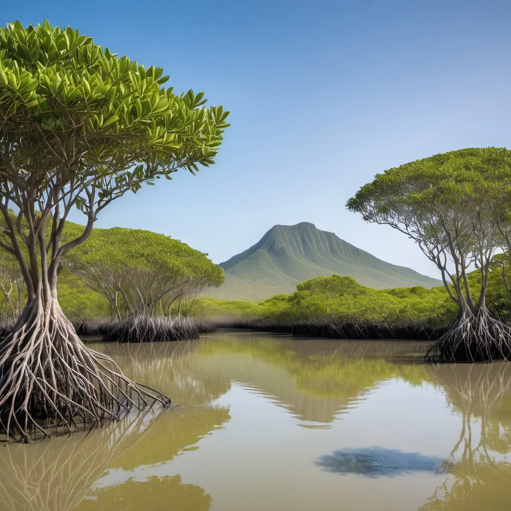 Prompt: A estuarine landscape with mangroves and a mountain in the backgroun
