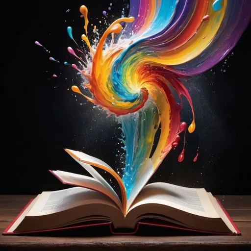 Prompt: Open book with color coming out. A hand is reaching into the book trying to pull color out.