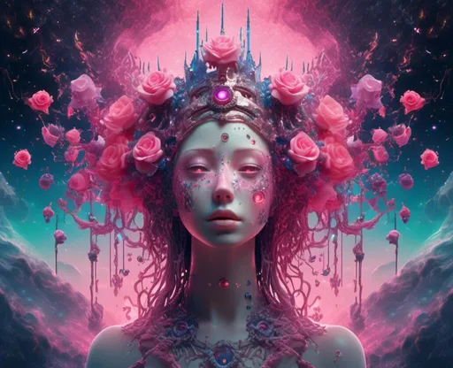 Prompt: <mymodel>A surreal digital illustration portraying a mystical female figure with multiple eyes vertically aligned down the center of her face. Her head is adorned with an elaborate crown decorated with pink roses, beads, and an eye at the center. The composition is a blend of cyber and organic elements, featuring a glitch effect across the face that reveals a cosmic scene with stars and nebulae. Her gaze is directed towards a bright, nebulous light in her open hands. She is surrounded by vibrant pink and purple orchids against a backdrop with a pink and blue color gradient and a soft-focus on blooming trees. The overall style is hyper-detailed with a focus on fantasy and ethereal themes."