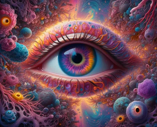 Prompt: <mymodel>hyper-detailed, hyperrealistic digital painting of a fantastical eye. The eye is surrounded by vibrant, organic shapes that resemble various natural forms such as coral, fungi, and other sea-life textures. The composition is rich with intricate patterns and a multitude of colors including yellows, purples, blues, and pinks, all adding to a psychedelic and otherworldly feel. The pupil is dilated and the iris has a fiery, golden texture, with the surrounding area melting in a surreal manner, dripping with vivid colors that blend seamlessly into each other, creating a sense of movement and fluidity."