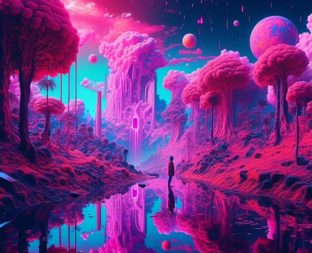 Prompt: <mymodel>award winning digital illustration, epic masterpiece, surreal dream-like atmosphere, vaporwave style, glitchwave themed, psychedelia