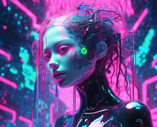 Prompt: <mymodel>award winning digital illustration, epic masterpiece, surreal dream-like atmosphere, vaporwave style, glitchwave themed, psychedelia, serene astral background, half humanoid half female cyborg, porcelain white skin with transparent sections that are transparent revelling mechanical insides, solid black eyes, flowing vantablack hair, with neon greens, blues, and hot pink, floating above a technological city
