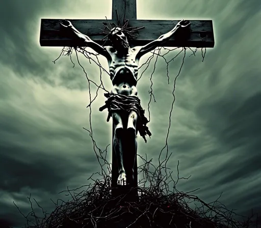 Prompt: <mymodel>Ultra-realistic digital illustration, analog horror scene, VHS aesthetic, unsettling atmosphere, ominous, muted tones, infrared photography, high-quality, detailed, inauguration of the mechanical christ, crucified on a cross made of old television sets
