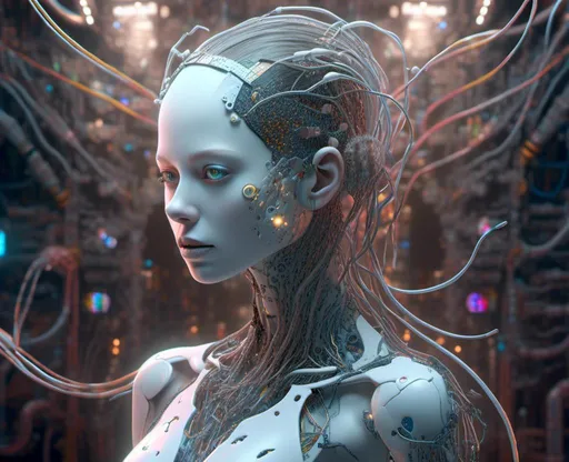 Prompt: <mymodel>a hyper realistic award winning digital illustration, full body shot of a beautiful half humanoid half cyborg female, porcelain white skin with sections of transparency that reveals circuitry and wires understand, her eyes have surreal astral scenes in them, her hair it made up of mechanical snakes with eyes going down the entirety of their bodies, a serene surreal astral environment as the background, surreal dream like atmosphere, digital glitches randomly distributed throughout the illustration