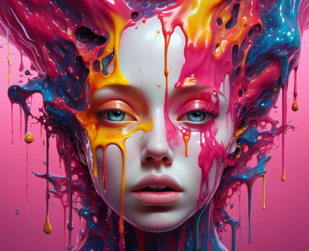 Prompt: <mymodel>A hyperrealistic digital painting that portrays a close-up of a female face with a melting effect. The features of the face are detailed and accentuated with makeup, creating a contrast with the surreal melting. The melting appears as a blend of vivid colors such as reds, pinks, whites, and yellows, giving the impression of mixed paints or viscous fluids flowing down the face. The eyes and mouth are open, adding a dynamic and almost shocking element to the image. The artwork explores the themes of beauty and transformation, with the flowing colors creating intricate patterns that are both beautiful and unsettling."