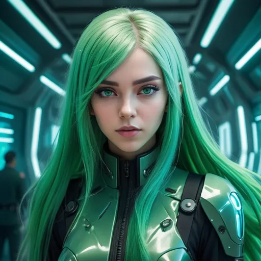 Prompt: (futuristic sci-fi girl), (long green hair), military uniform, sleek and elegant design, sophisticated facial features, captivating expression, dynamic pose, high tech background, ethereal glow, ultra-detailed, vibrant colors, cool tones, imaginative atmosphere, adding depth and cinematic quality; showcasing a blend of strength and intrigue in a visually stunning masterpiece.