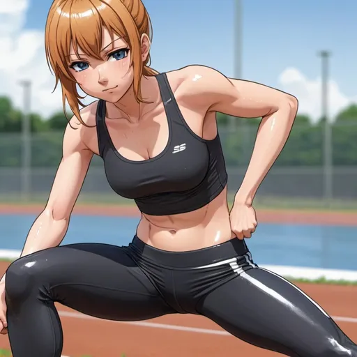 Prompt: anime, sportsgirl, tight pants, cameltoe, wet, sweaty