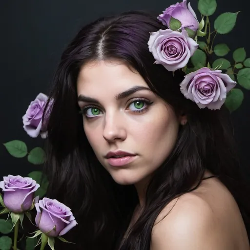 Prompt: white woman with dark hair and green eyes, grunge, 200 lbs, purple roses in her hair, night, self care and self love