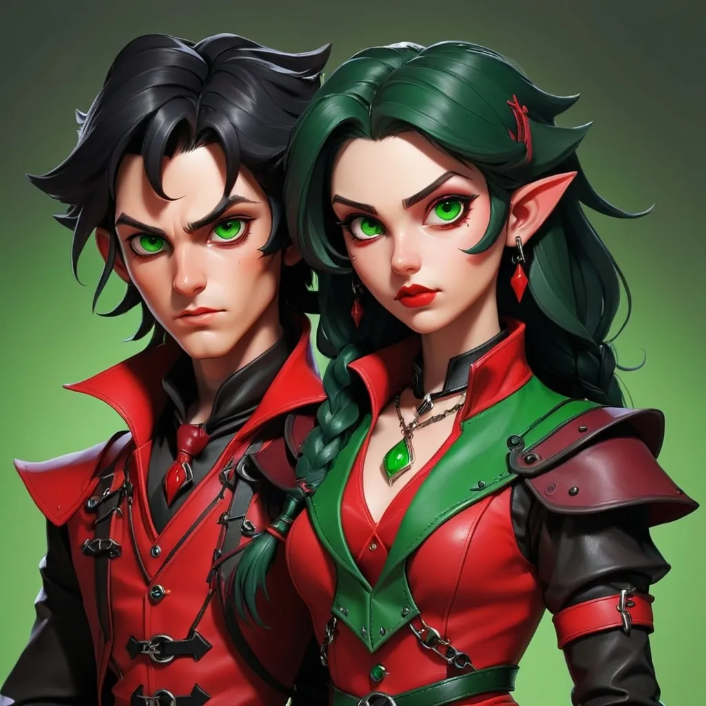 Prompt: Twins, one girl rouge, one boy warlock, red leather, green chainmale, black trim, tieflings, black hair, red skin