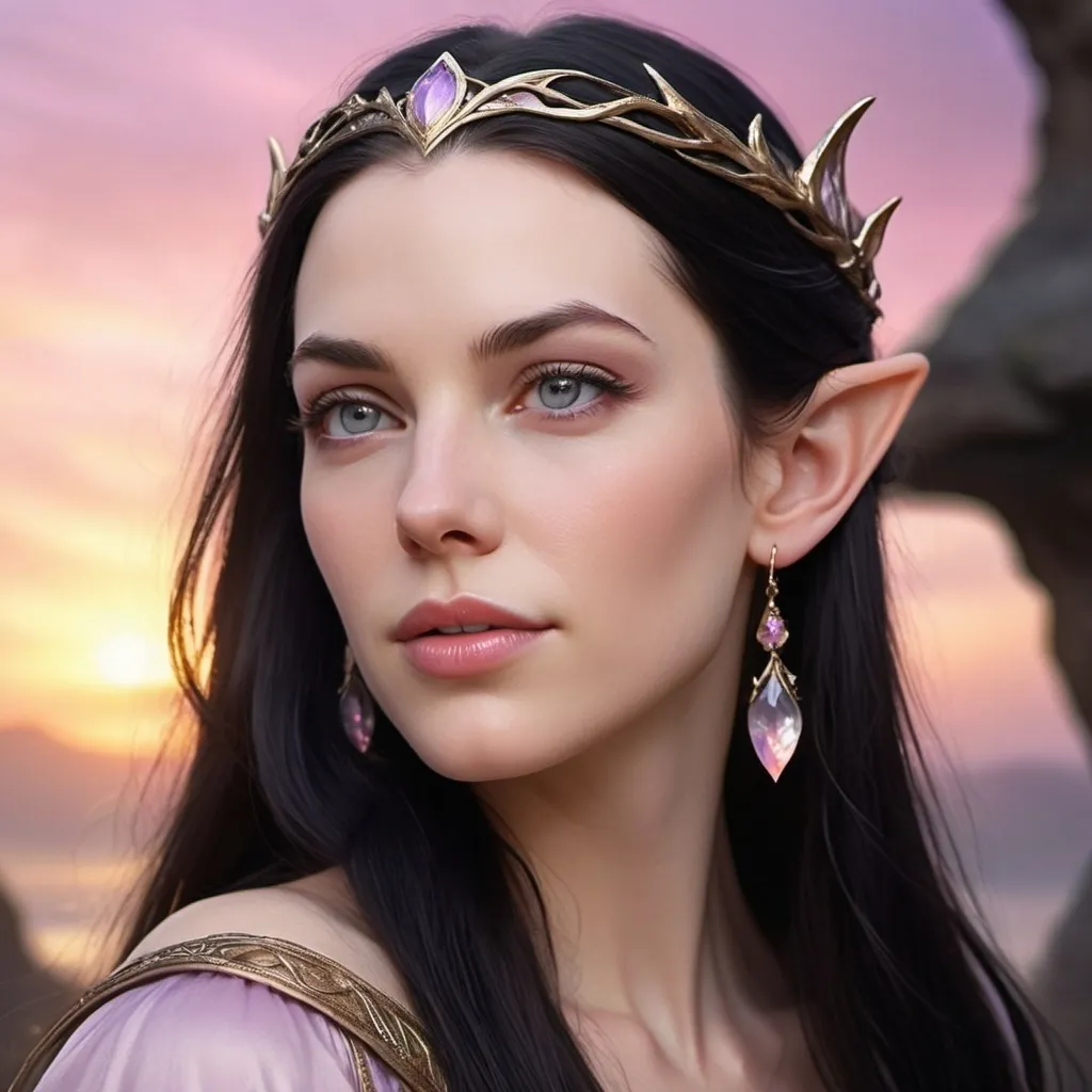 Prompt: Hyper realistic,  HD, highly detailed, Very close up side portrait Face only, female Elf, very beautiful like Liv Tyler from lord of the rings, pale purple eyes, porcelain skin, long straight blowing in the wind black hair, gentle smile, looking forward. Elven headpiece and earrings, Glowing shimmering aura, mystical, BACKGROUND golden pink sunset glow, ethereal atmosphere. 