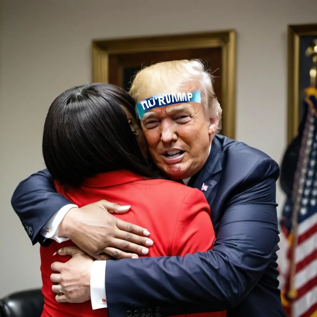 Prompt: Camella Harris huging Donald Trump