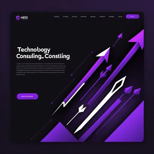 Prompt: Create a technology consulting company hero home page background. Use black for the background, tech purple for the imaging, and white for the accents. I want a series of arrows that to emphasize scaling up to the right. 

