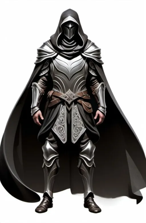 Prompt: hooded faceless man in ornate armor with black details, fantasy character art, illustration, dnd, white background